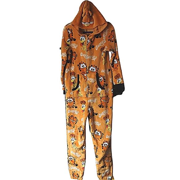 Soft Garfield Union Suit Footless One Piece Zip Up Hooded Pajama M/L - Picture 1 of 3